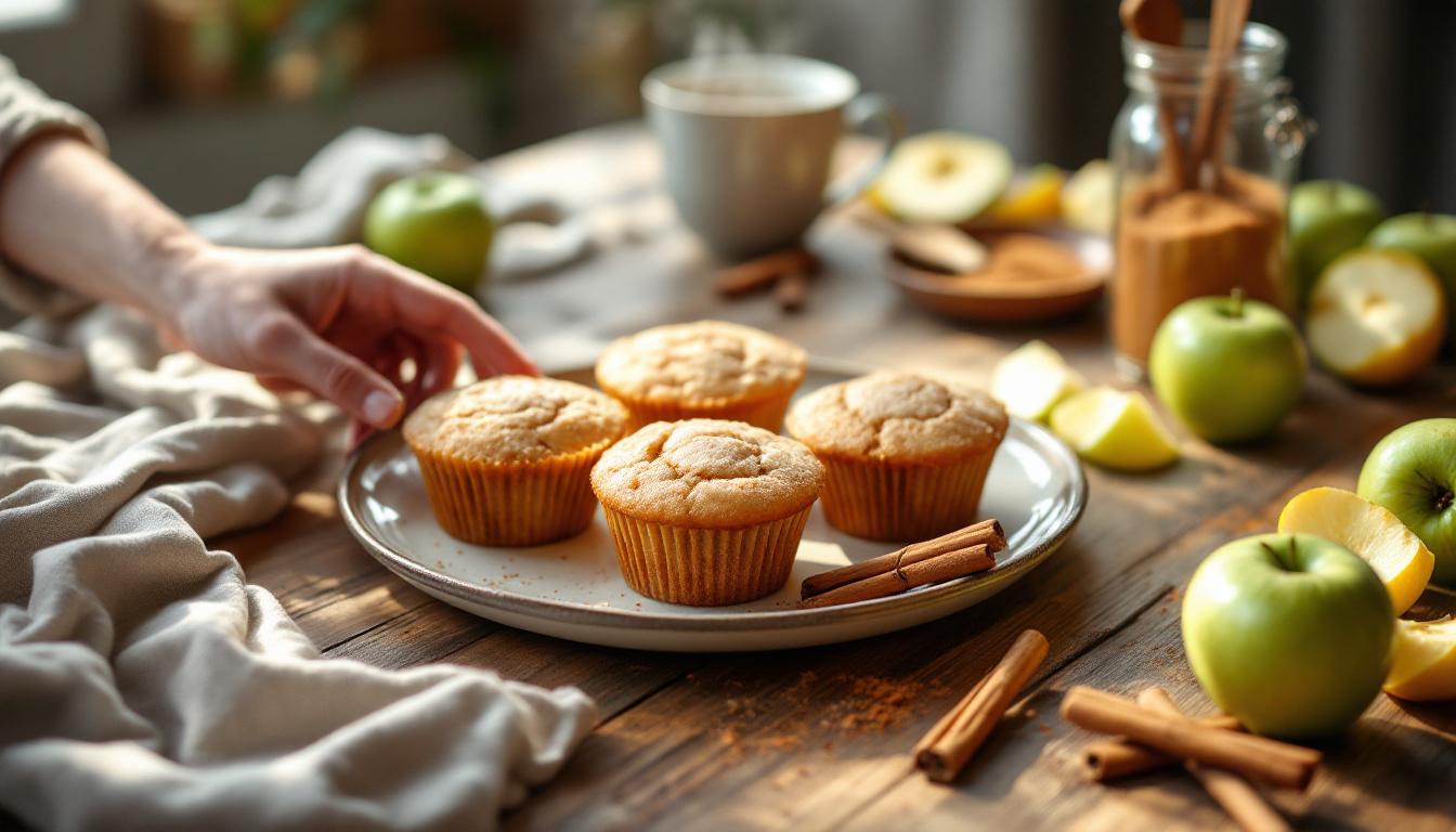 deliziosi muffin leggeri alla mela e cannella, senza zucchero, morbidi e profumati, perfetti per una colazione sana e gustosa.